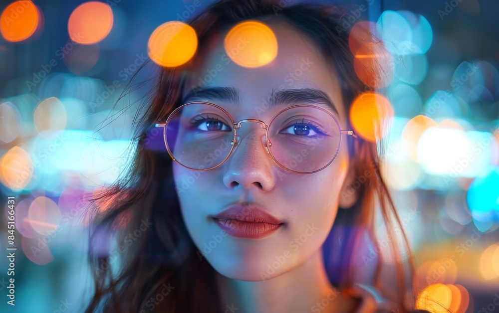 A woman with glasses is looking at the camera. The image has a bright and colorful atmosphere, with a lot of light and a blurry background. The woman's expression is serious and focused A woman with glasses is looking at the camera. The image has a bright and colorful atmosphere, with a lot of light and a blurry background. The woman's expression is serious and focused