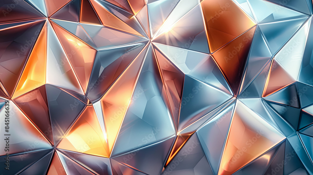 Obraz premium Abstract Copper and Blue Metallic Triangular Geometric Facets Background Texture, Digital Art, 3D Render Illustration