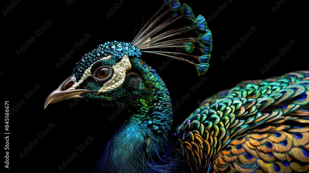 Obraz premium Artistry in every detail: Handmade peacock portrait featuring a vibrant, jewel-encrusted tail against a dramatic black backdrop, ideal for stock imagery. 