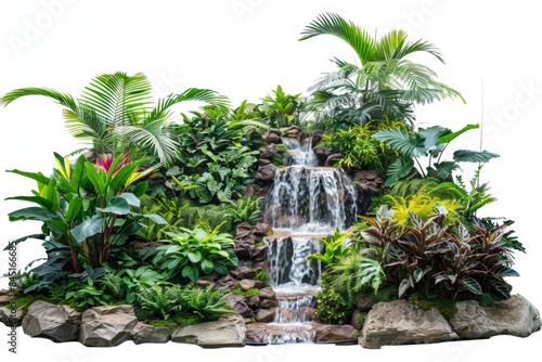 A lush tropical garden with exotic plants and a small waterfall, creating a serene and vibrant natural oasis
