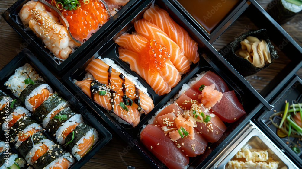 Set of sushi with rice and fish on black plate, nigiri, Top view Set of sushi with rice and fish on black plate, nigiri, Top view