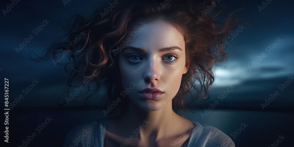 Fototapeta premium Beautiful woman close up blue hour portrait
