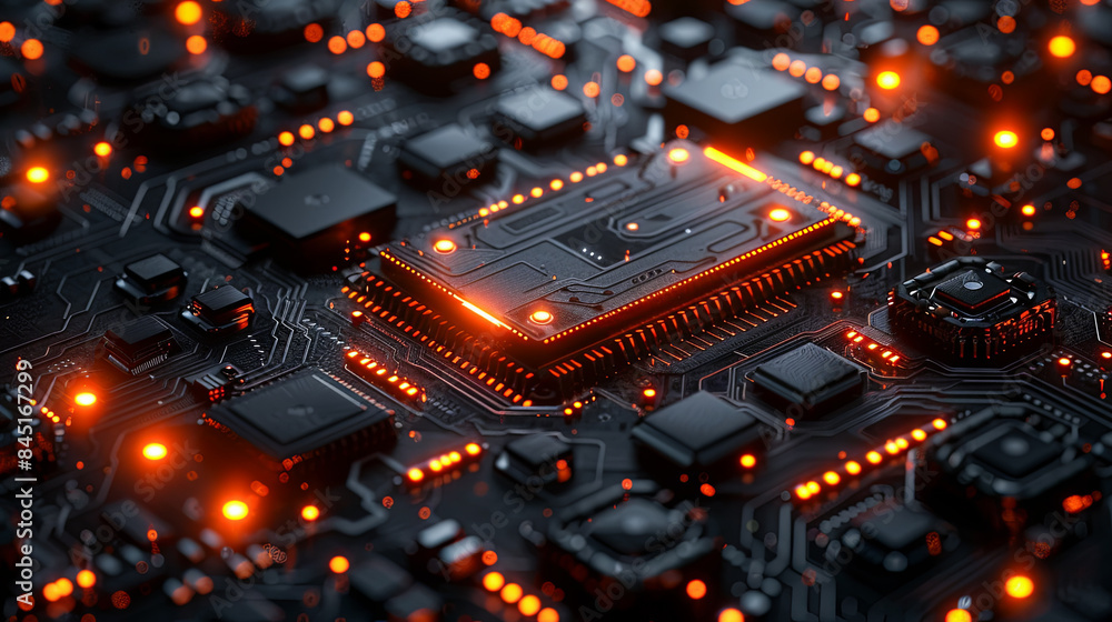 Obraz premium Futuristic Glowing Circuit Board Technology Background With Orange Lights Digital Illustration 3D Render
