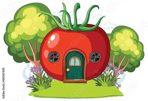 A charming tomato-shaped house amidst greenery
