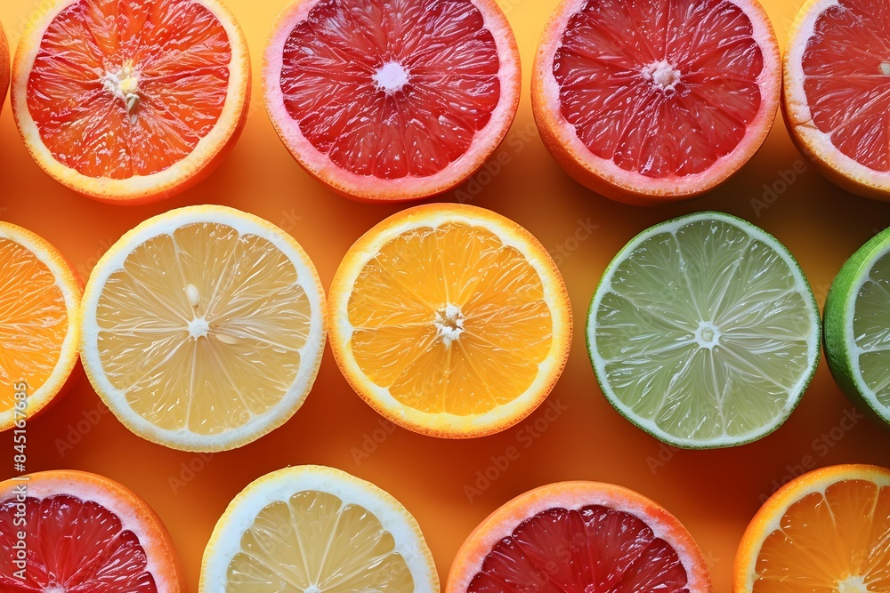 Fototapeta premium Fresh Citrus Fruit Slices Pattern - Vibrant Background for Summer Designs, Food Blogs, and Health Campaigns