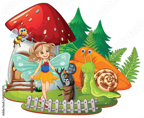A fairy with insect and snail friends