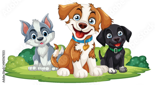 Three adorable puppies sitting on grass