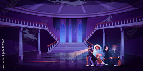 Kid boys group or friends in Halloween costumes in spooky abandoned broken castle hall or ballroom with stairs and large windows, holes and cobweb at night. Cartoon vector scary holiday scene.