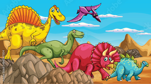 Dinosaurs in a vibrant prehistoric landscape