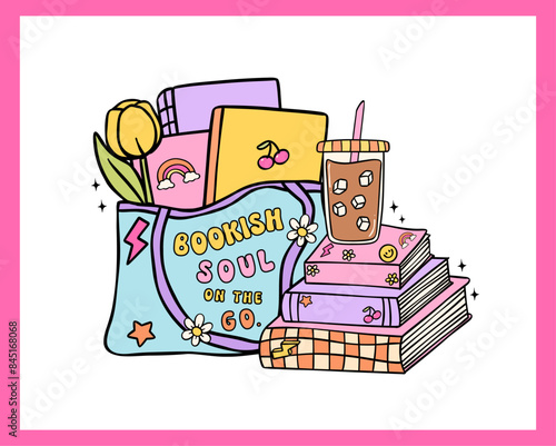 Retro Groovy bookish vibe books in bag vibrant and bold cartoon doodle drawing.