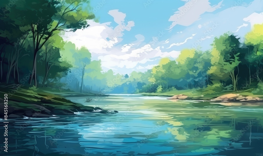 Fototapeta premium Serene River Flowing Through Lush Green Forest