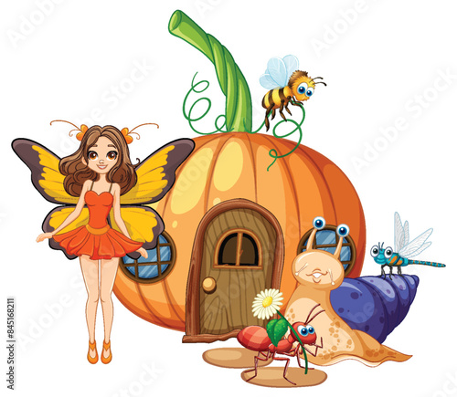 Fairy with insects near a pumpkin house