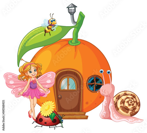 Fairy, insects, and snail near orange house