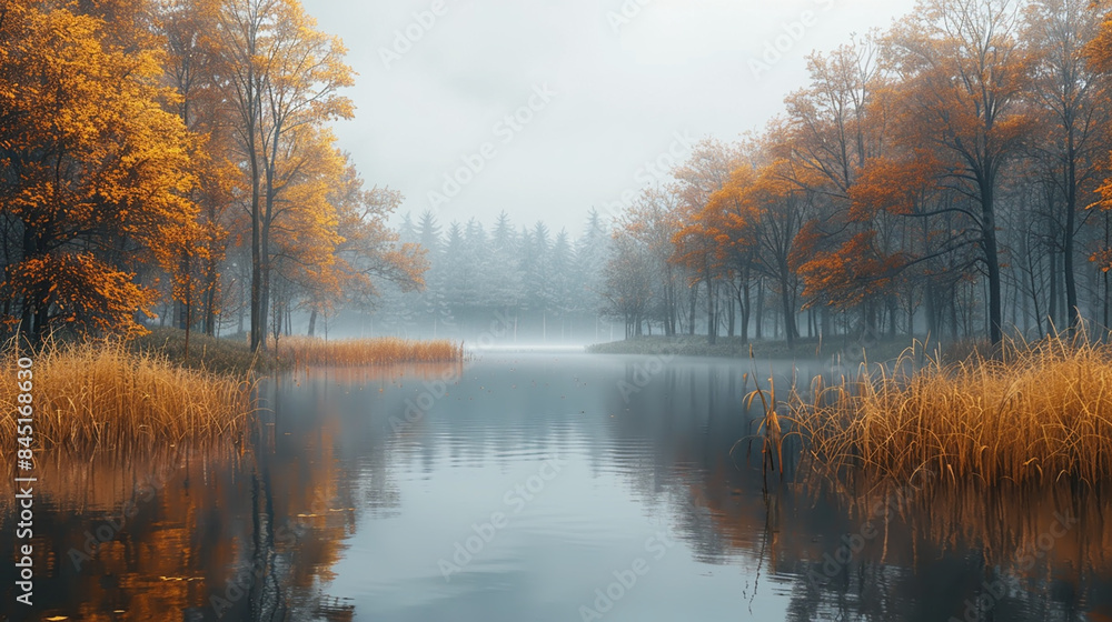 Serene Autumn Lake with Foggy Forest Background | Tranquil Nature Landscape for Posters and Designs