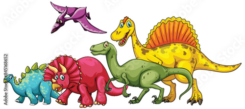 Five dinosaurs in a playful scene