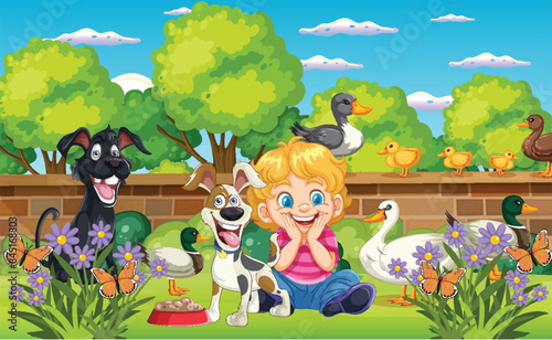 Child with dogs and ducks in park