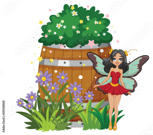 Fairy in red dress near flowers and barrel