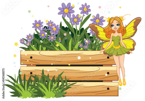 Fairy sitting on wooden fence with flowers