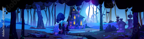 Kid friends in Halloween carnival costumes going to spooky house with light in windows near graveyard at night. Cartoon vector scary holiday landscape with building and cemetery under full moon.