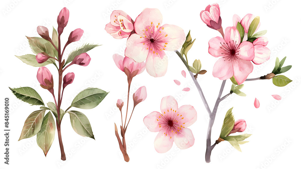 Set of pink cherry blossoms isolated on transparent background, cut out Set of pink cherry blossoms isolated on transparent background, cut out