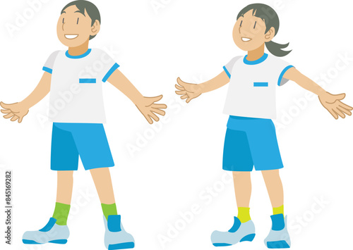 ラジオ体操する小学生の子ども達のイラスト