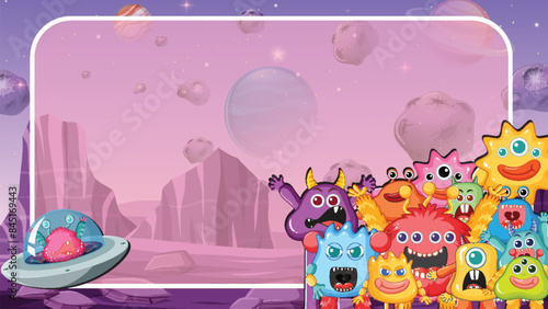 Group of cheerful aliens with spaceship