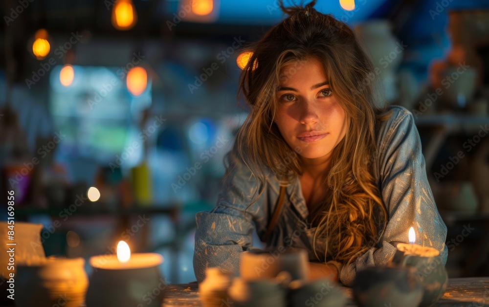 A woman is sitting in front of a table with candles and pottery. She is smiling and looking at the camera A woman is sitting in front of a table with candles and pottery. She is smiling and looking at the camera