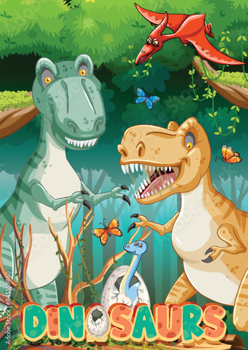 Colorful dinosaurs in a lush, vibrant forest