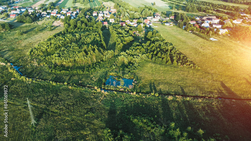 aerial view of pond near trees