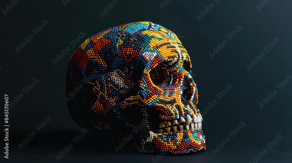 Illustrate the concept of remembrance and celebration with a striking stock photo showcasing a human skull crafted from colorful beads, honoring the memory of loved ones against a black backdrop. Illustrate the concept of remembrance and celebration with a striking stock photo showcasing a human skull crafted from colorful beads, honoring the memory of loved ones against a black backdrop.