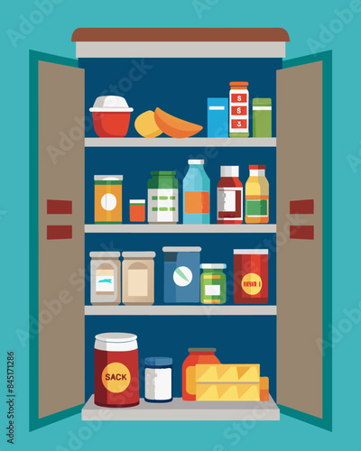 The kitchen pantry typically stocked with canned goods and rice now displaying mostly empty shelves with only a few odd items left.. Vector illustration