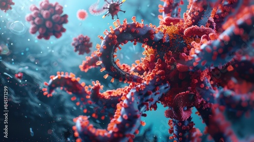 Illustrate the threat of the SARS-CoV-2 XBB 1.5 variant with a compelling 3D render featuring a kraken emerging from viral particles, symbolizing the increased virulence. photo