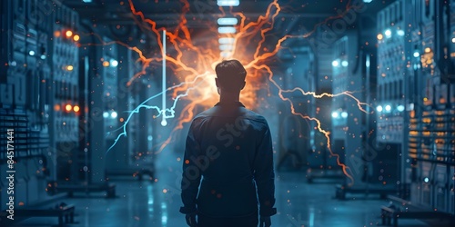 Man with electric powers in a power substation. Concept Action Photography, Power Substation, Electric Powers, Superhero, Dramatic Lighting photo