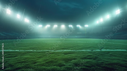 Football stadium view illuminated by blue spotlights and empty green grass field. © Penatic Studio