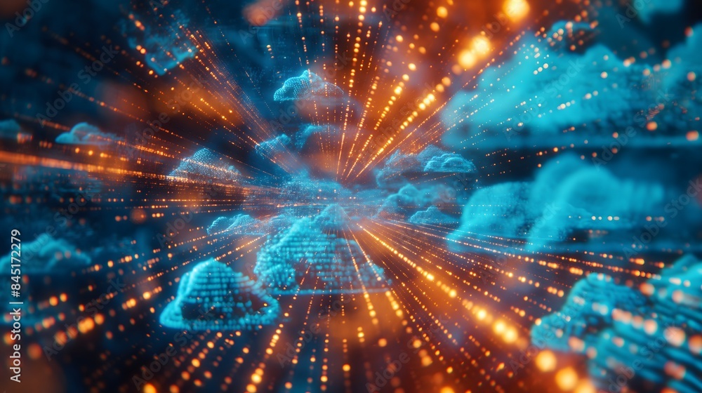 Obraz premium 5. Picture a captivating holographic display illuminating the forefront of digital information technology, with cloud icons shimmering against an ever-shifting backdrop of blue and golden light