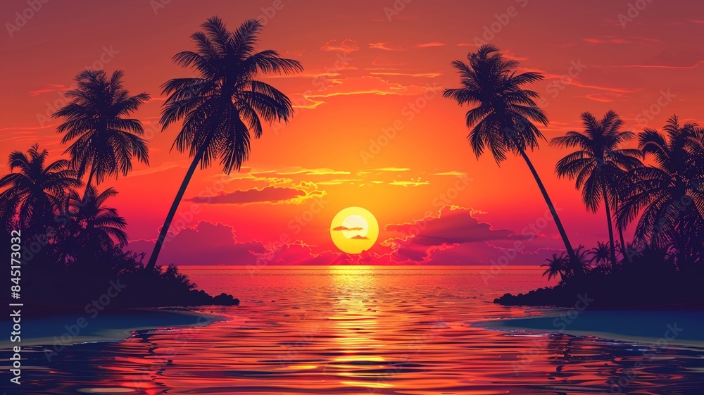 Tropical beach sunset with palm trees and colorful sky