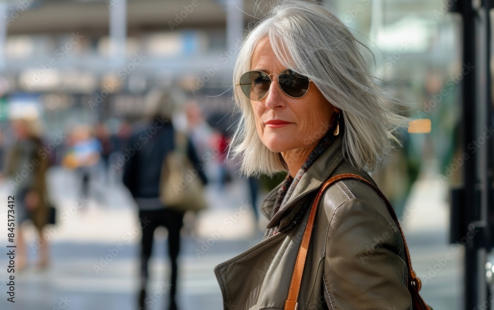 A woman with a grey haired head and sunglasses stands in front of a crowd of people. She is wearing a brown purse and a black jacket A woman with a grey haired head and sunglasses stands in front of a crowd of people. She is wearing a brown purse and a black jacket