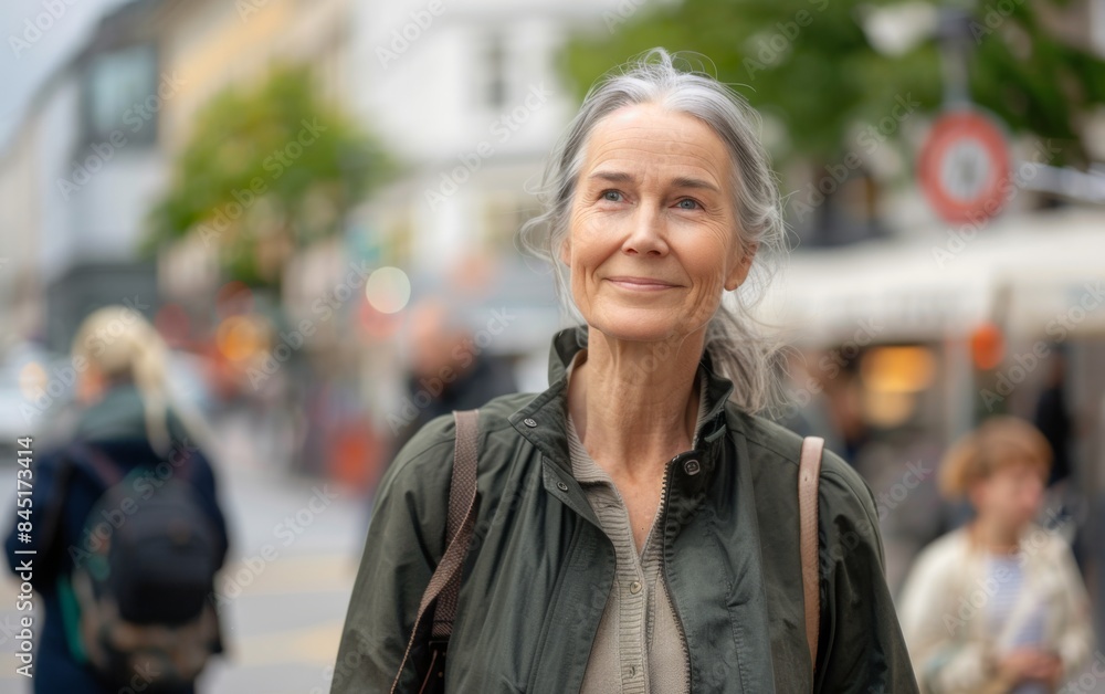 A woman with gray hair is smiling and walking down a street. She is wearing a green jacket and carrying a backpack. There are other people in the background. The scene is lively and bustling A woman with gray hair is smiling and walking down a street. She is wearing a green jacket and carrying a backpack. There are other people in the background. The scene is lively and bustling