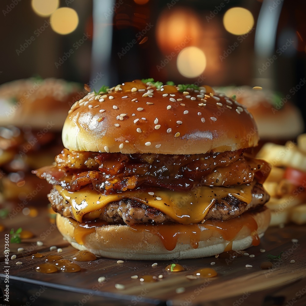 A brisket beef burgers and honey mustard chicken. Generative AI. A brisket beef burgers and honey mustard chicken. Generative AI.