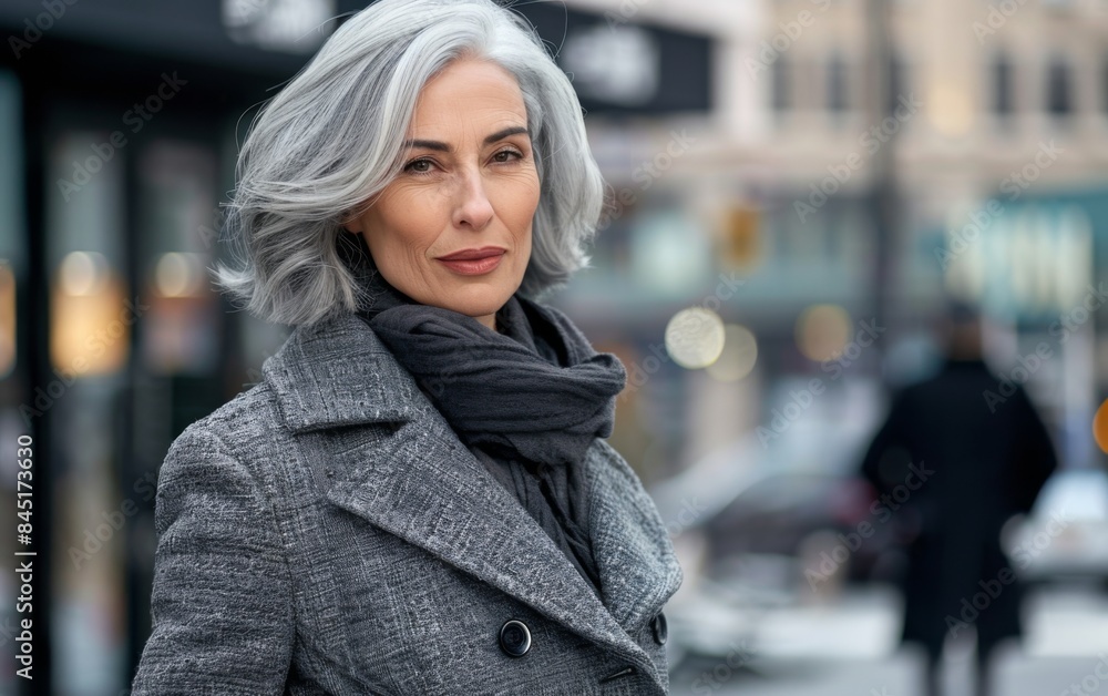 A woman with gray hair is standing on a street wearing a gray coat and scarf. She is smiling and looking at the camera A woman with gray hair is standing on a street wearing a gray coat and scarf. She is smiling and looking at the camera