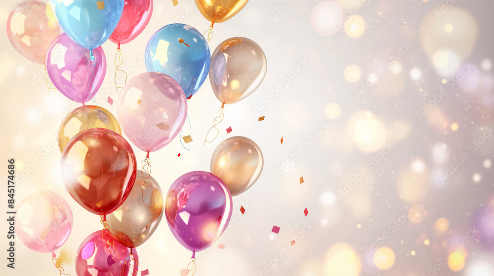 divergence of colorful balloons flying in the air with confetti on a white background, for a birthday party decoration concept. A Happy Birthday celebration banner template design with copy space for divergence of colorful balloons flying in the air with confetti on a white background, for a birthday party decoration concept. A Happy Birthday celebration banner template design with copy space for