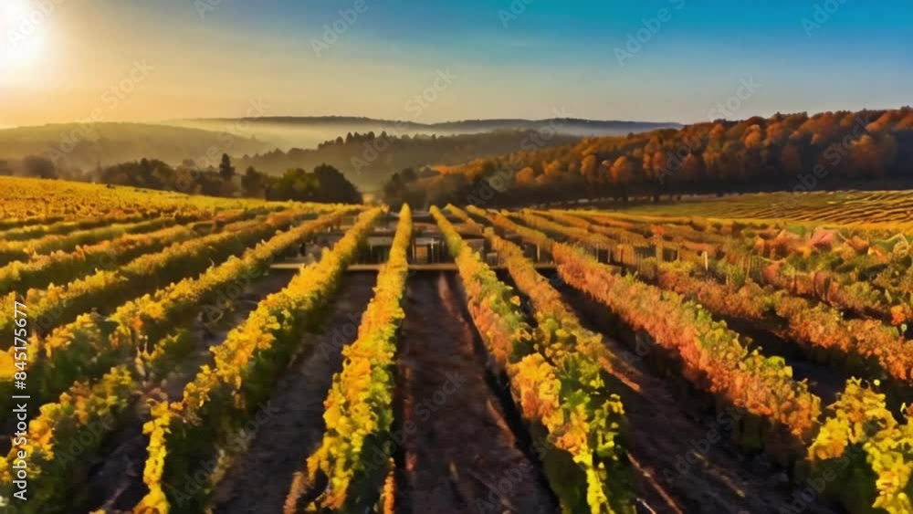 Vineyard landscape bathed in warm sunrise hues, a breathtaking sight in fall season. Vineyard landscape bathed in warm sunrise hues, a breathtaking sight in fall season.
