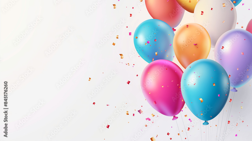 divergence of colorful balloons flying in the air with confetti on a white background, for a birthday party decoration concept. A Happy Birthday celebration banner template design with copy space for divergence of colorful balloons flying in the air with confetti on a white background, for a birthday party decoration concept. A Happy Birthday celebration banner template design with copy space for
