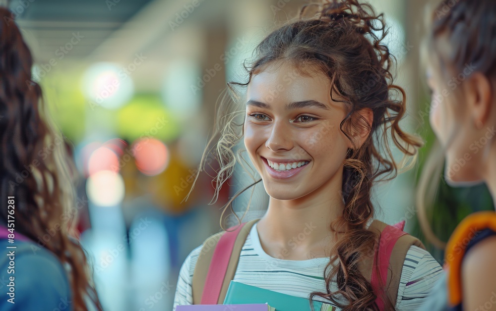 A girl with long hair is smiling at the camera. She is wearing a white shirt and a backpack