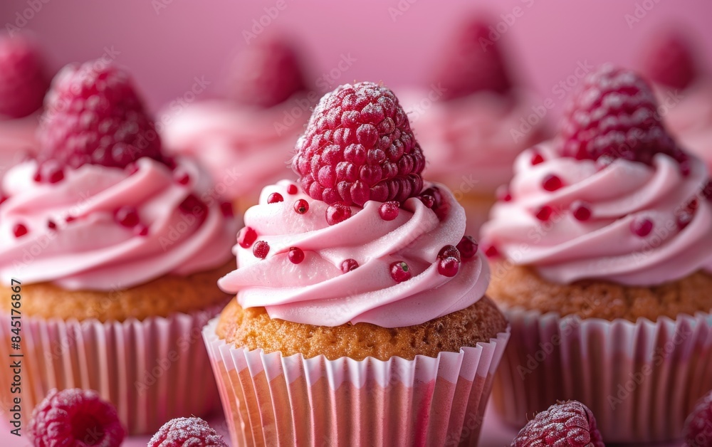A row of pink cupcakes with raspberries on top. The cupcakes are decorated with frosting and sprinkles A row of pink cupcakes with raspberries on top. The cupcakes are decorated with frosting and sprinkles