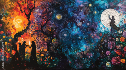 A colorful painting depicting three silhouettes of people standing under a tree with a starry night sky and flowers