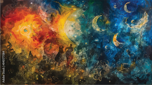 A vibrant abstract painting showcasing a celestial scene with multiple moons, stars, and dancing figures
