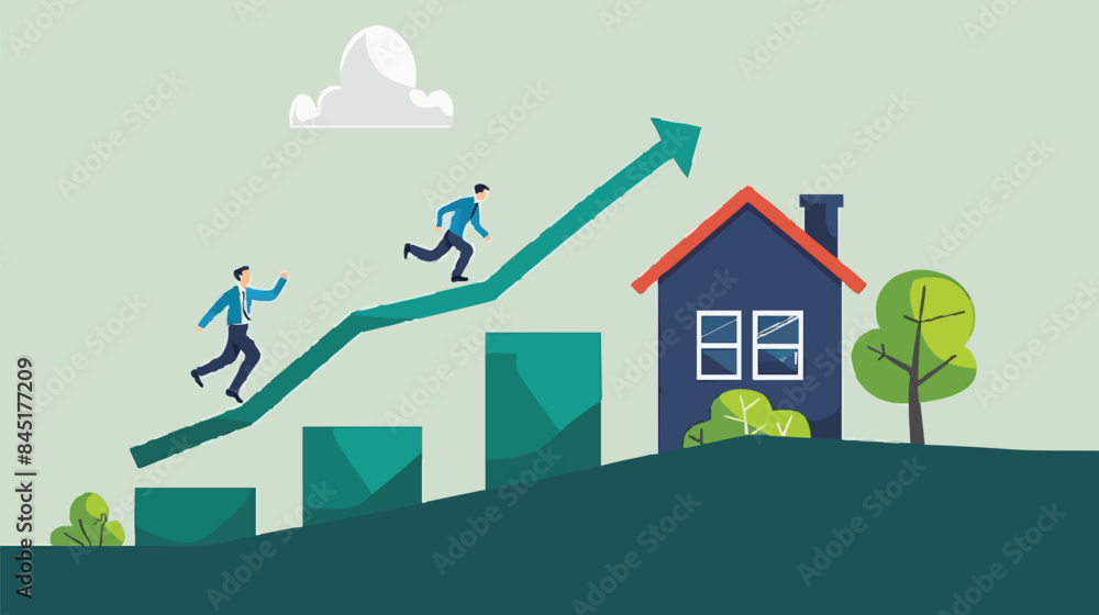Fototapeta premium Housing price rising up, real estate or property growth concept, businessman running on rising green graph on house roof. vector