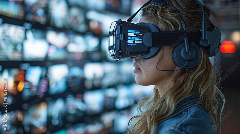A person wearing virtual reality goggles, exploring cybersecurity simulations, Generative AI A person wearing virtual reality goggles, exploring cybersecurity simulations, Generative AI