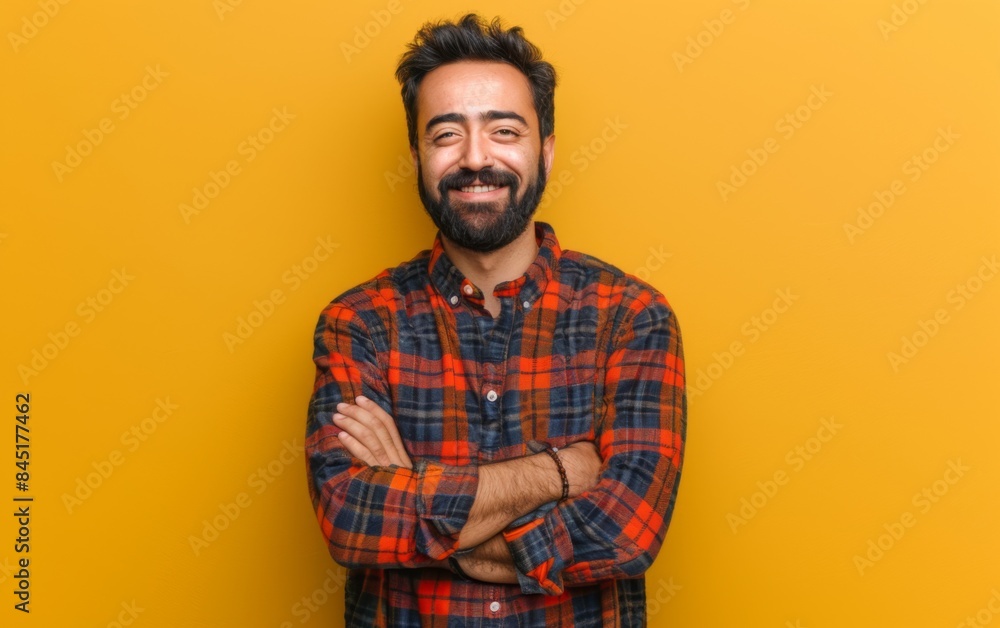 A man with a beard and mustache is smiling and wearing a plaid shirt. He is standing in front of a yellow wall A man with a beard and mustache is smiling and wearing a plaid shirt. He is standing in front of a yellow wall